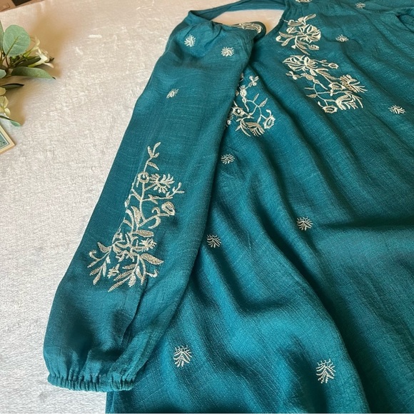 Women’s Embroidered Boho Mini Dress Teal Long Puff Sleeve - Picture 11 of 13